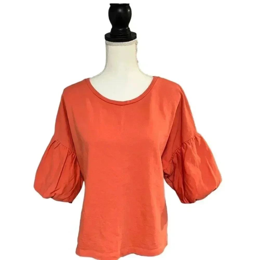 H & M orange French Terry top with balloon sleeves size XL EUC